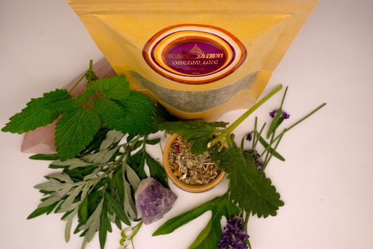 Dreamluxe Herbal Tea package with various herbs and amethyst crystal.